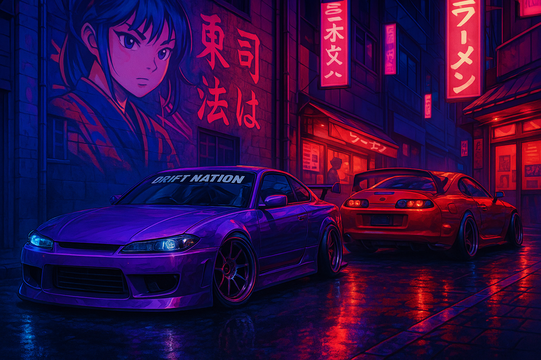 Sportive japonaise de nuit sous les néons, ambiance street racing des années 90